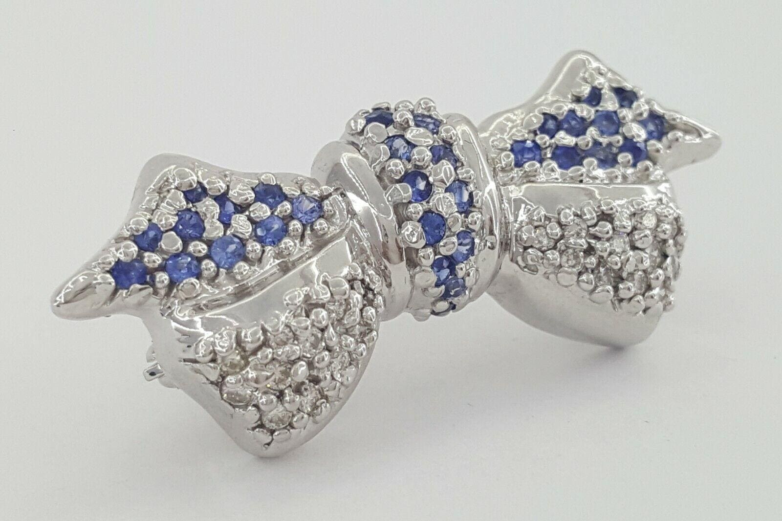 LeVian Le Vian 14K White Gold 0.87 ct Blue Sapphire & Diamond Bow Pin Brooch