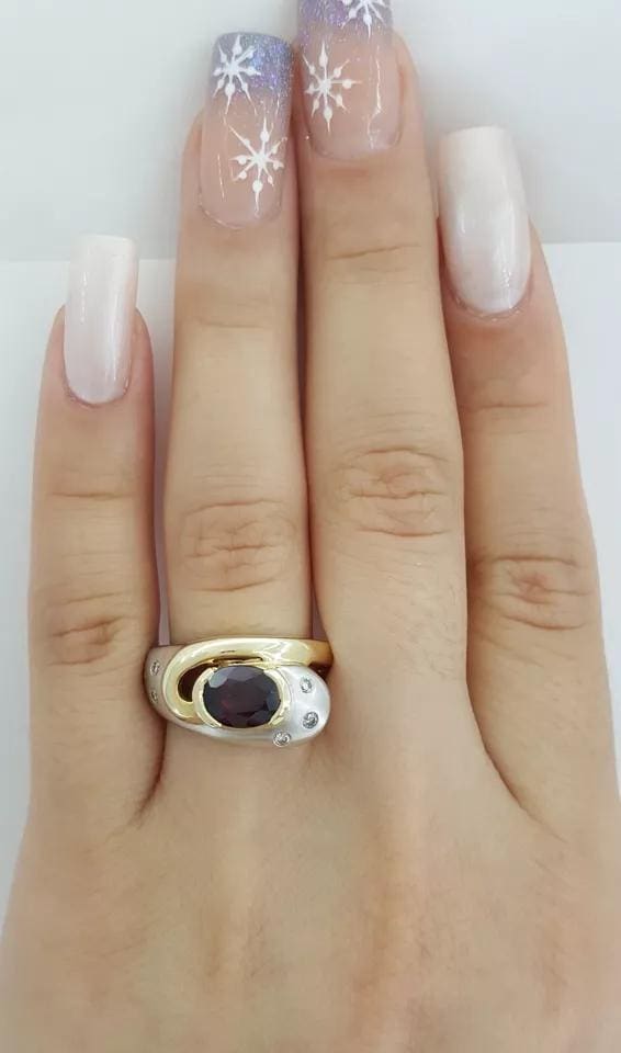 Oval Garnet Diamond 14K White & Yellow Gold Ring