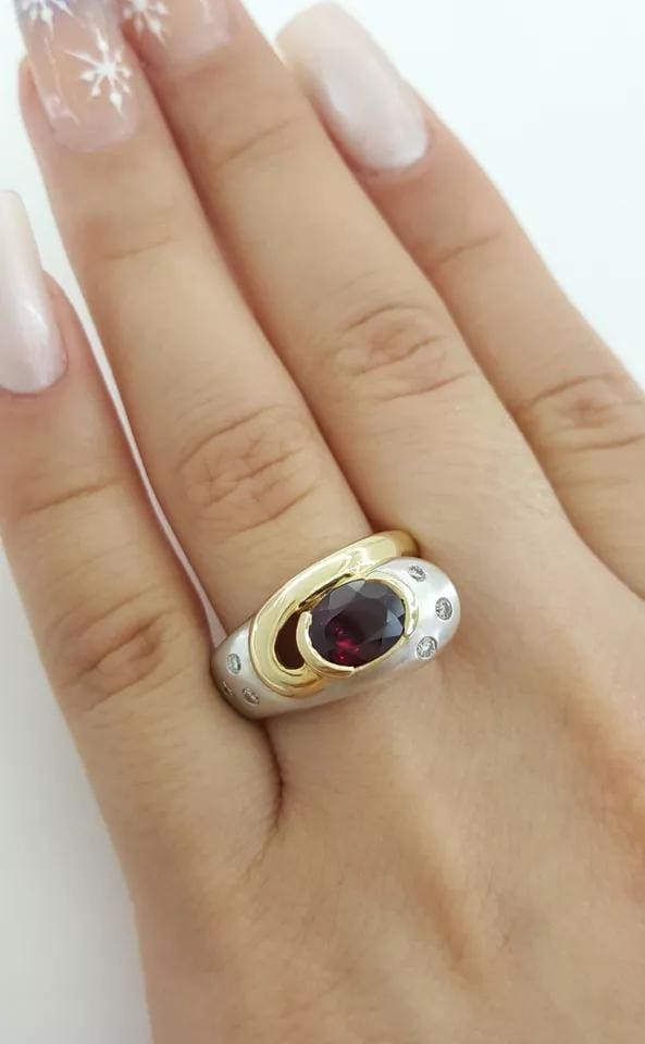 Oval Garnet Diamond 14K White & Yellow Gold Ring