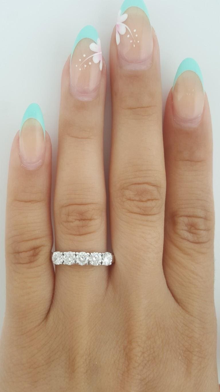 Vintage Round Diamond 5 Five Stone Band Ring 1 ct 14k White Gold