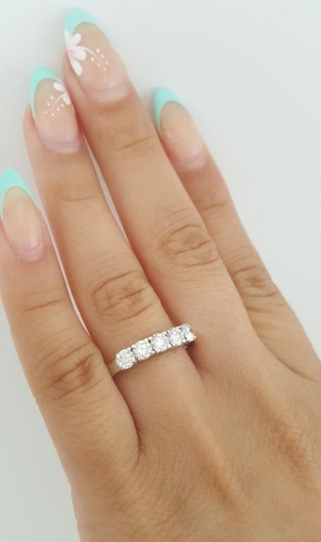 Vintage Round Diamond 5 Five Stone Band Ring 1 ct 14k White Gold
