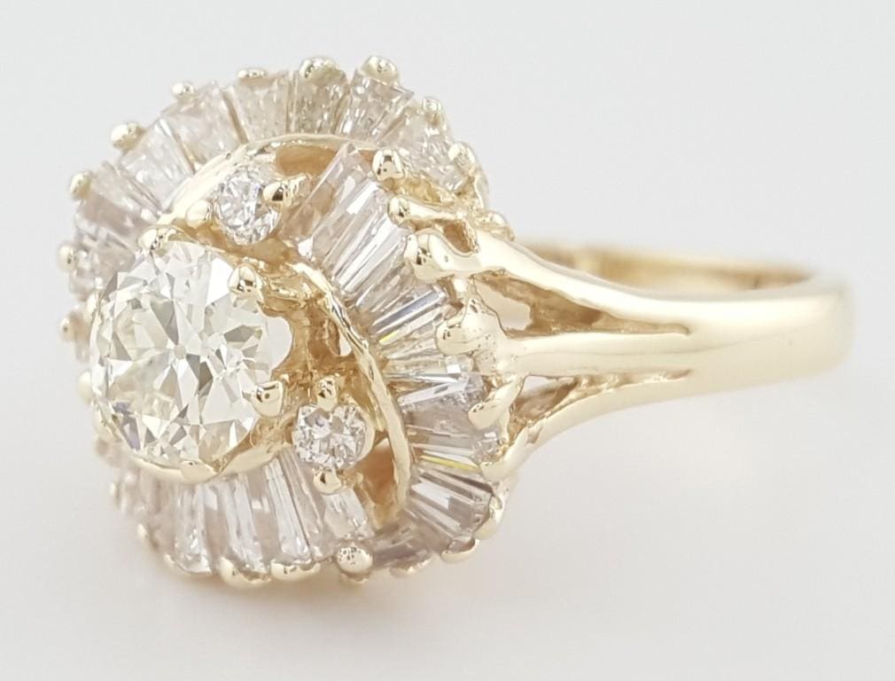Antique Old European Cut Diamond Ballerina Ring 1.74 ct 14K Gold