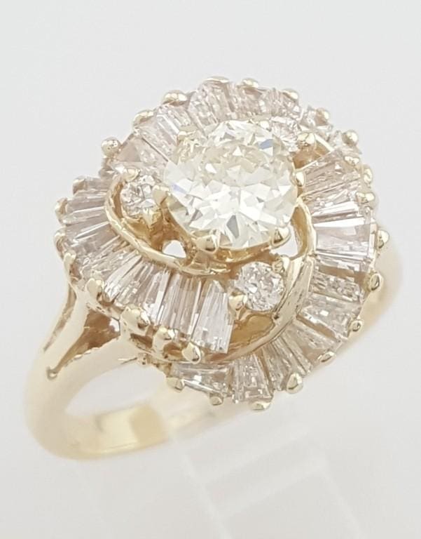 Antique Old European Cut Diamond Ballerina Ring 1.74 ct 14K Gold