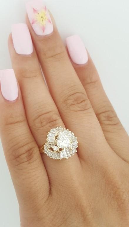 Antique Old European Cut Diamond Ballerina Ring 1.74 ct 14K Gold