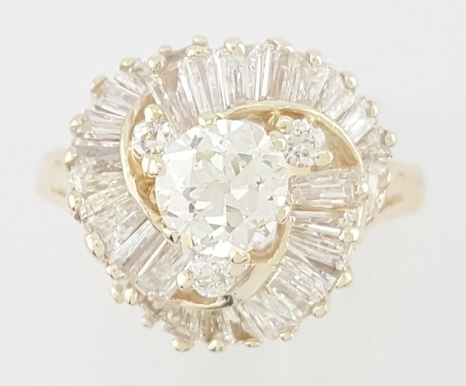 Antique Old European Cut Diamond Ballerina Ring 1.74 ct 14K Gold