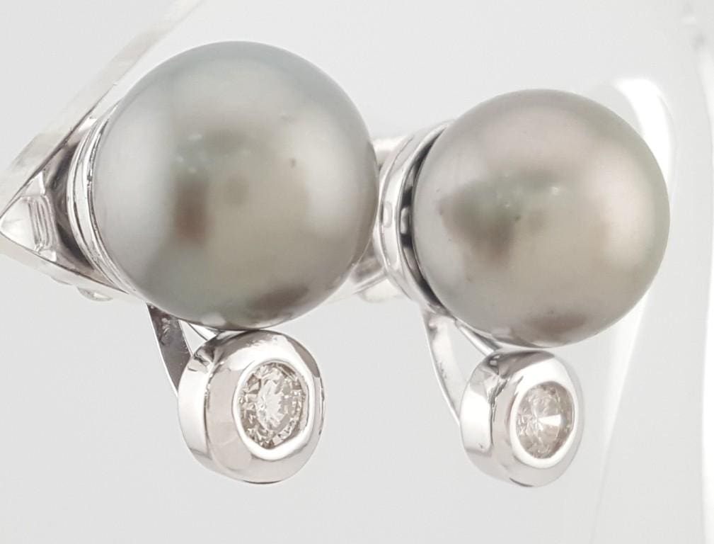 Tahitian Black Pearl Diamond Stud Earrings 12.7mm 0.5 ct 14k White Gold