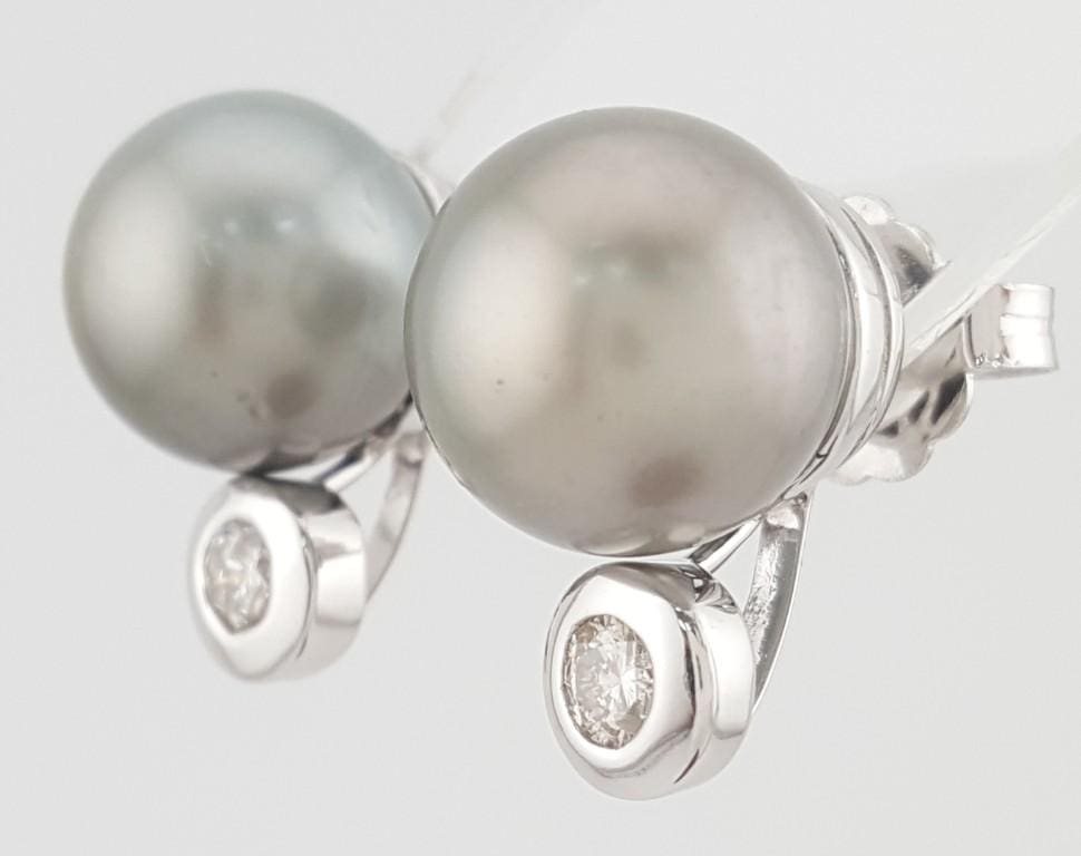 Tahitian Black Pearl Diamond Stud Earrings 12.7mm 0.5 ct 14k White Gold