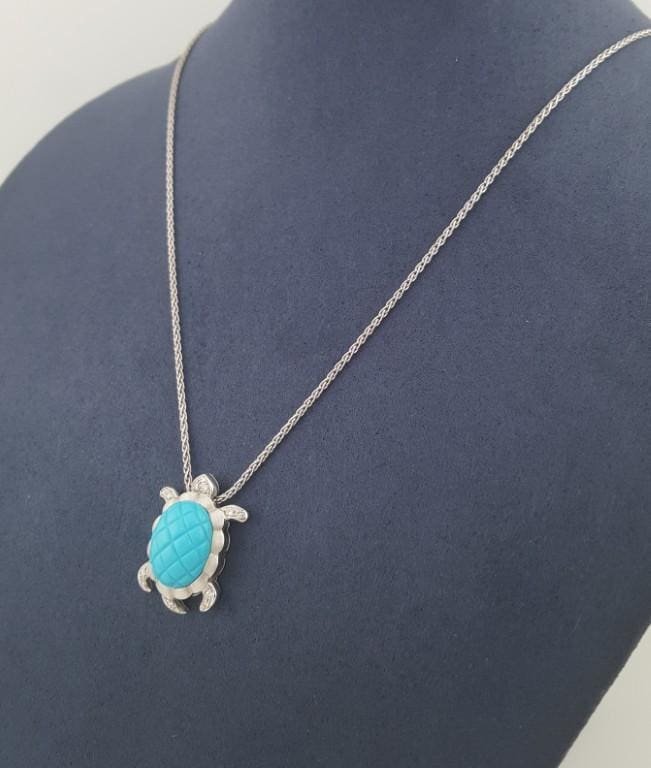 Sea Turtle Diamond Pendant Necklace 0.13 ct 18K White Gold 9.8 Grams Italy