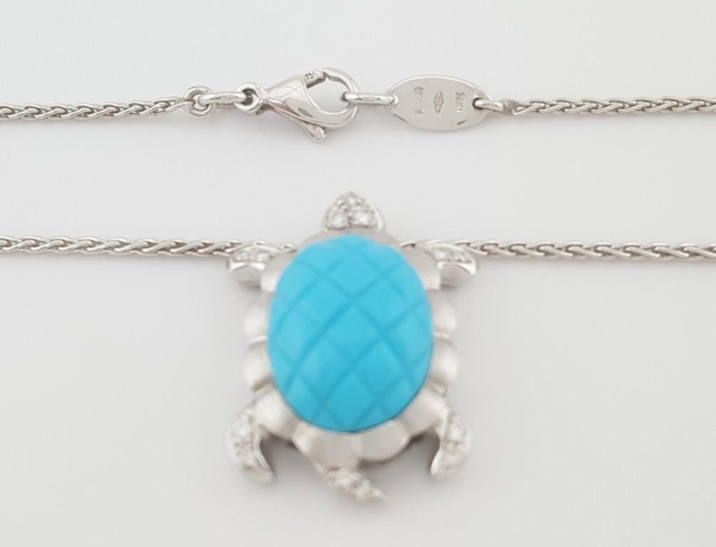 Sea Turtle Diamond Pendant Necklace 0.13 ct 18K White Gold 9.8 Grams Italy